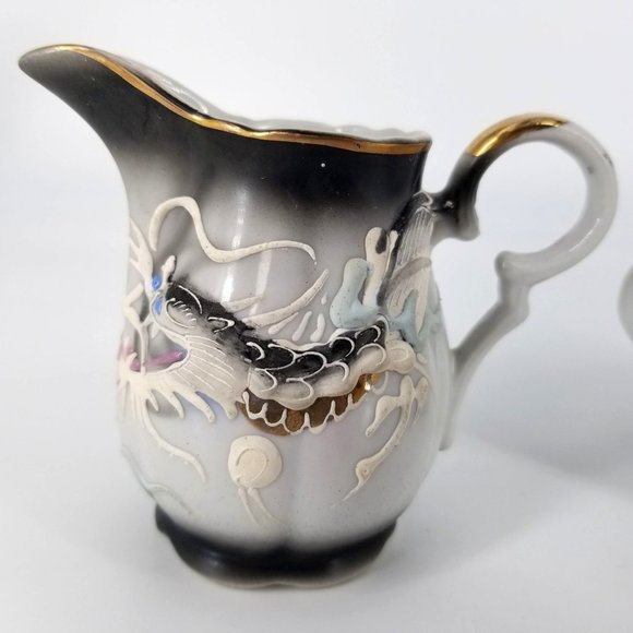 Dragon Ware Japanese Moriage Betsons Cream Sugar Bowl Set 2 With Lid Grey Blue - Picture 3 of 14